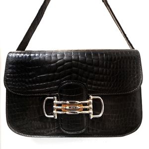 Vintage 80's Celine horsebit clasp bag black crocodile alligator  leather rare